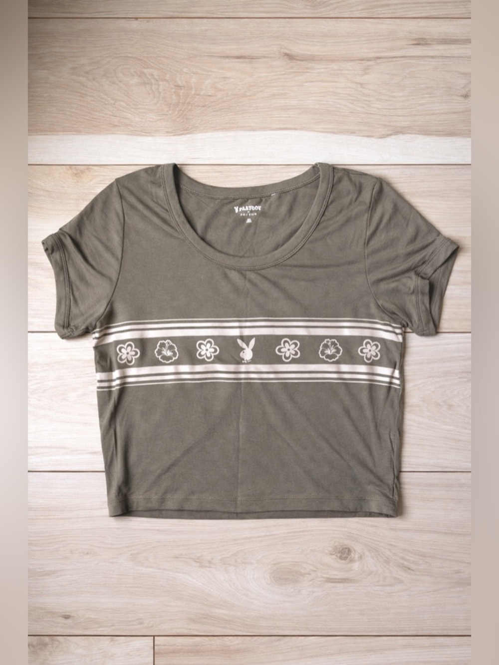 Playboy PacSun Crop Top Y2K Olive Green Baby Tee Bunny Graphic